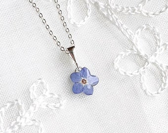 Collana Non ti scordar di me, vero fiore pressato, piccolo ciondolo, collana di fiori pressati blu fatta a mano, argento sterling, placcato oro, regalo per lei