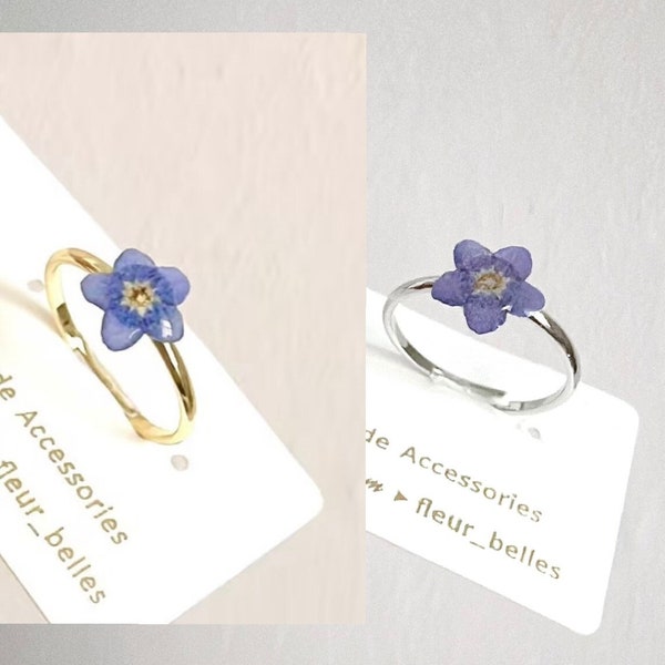 Véritable bague myosotis, bague fleur, bague faite main petites fleurs bleues pressées, plaqué or, argent, réglable, bagues fleurs, cadeau pour elle
