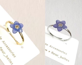 Echte vergeet me niet ring, bloemenring, handgemaakte kleine blauwe geperste bloemenring, verguld, zilver, verstelbaar, bloemenringen, cadeau voor haar