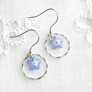 Real Forget Me Not Dangle Earrings, Handmade Tiny Pressed Flower Sterling Silver Ring Hoop Earrings, Memory Birthday Valentines Love Gift