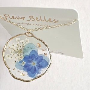 Véritable collier d'hortensias fait main bleu fleur pressée pendentif cadeau bien-aimé pendentif rond meilleur cadeau de la Saint-Valentin mère amour pour elle