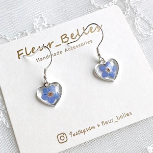 Real Forget Me Not Heart Shaped Earrings Handmade Sterling Silver Pressed Flower Dangle Memory Birthday Christmas Love Gift for her