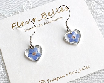 Real Forget Me Not Heart Shaped Earrings Handmade Sterling Silver Pressed Flower Dangle Memory Beloved Christmas Gift for Her