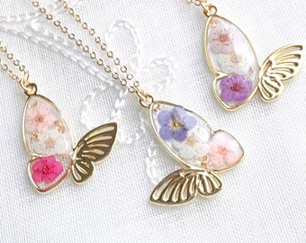 Real Forget Me Not Flower Butterfly Necklace Handmade Pressed Flower Gold Plated Floral Pendant Beloved Valentines Christmas Gift for Her