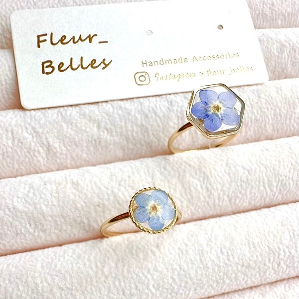 Real Flower Forget Me Not Ring, Handmade Pressed Flowers Ring, Round, Hexagon Gold Plated Adjustable Flower Rings, mother's day Gift for her