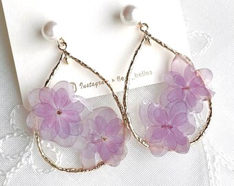 Pressed Flowers Purple Hydrangeas Dangle Earrings, You and me together,Handmade Teardrop Dangle Earrings, Special Gift for her