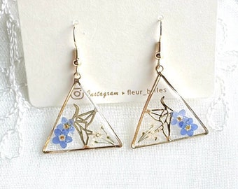 Real Forget Me Not Dangle Earrings Handmade Gold Plated Crane Bird Blue Pressed Flower Beloved Memory Birthday Christmas Gift for Her Love