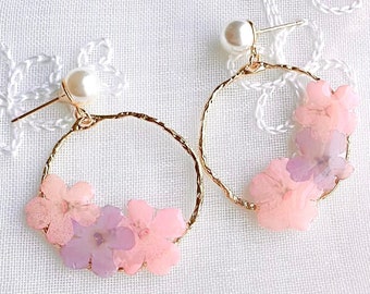 Cherry Blossom Sakura Dangle Earrings with Real Pressed Flowers, handmade pink, purple flowers , peal earrings