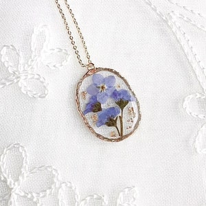Real Forget Me Not Necklace Handmade Gold Plated Blue Pressed Flower Pendant Special Memory Birthday Christmas Love Gift for her