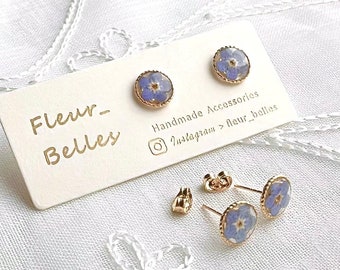 Forget Me Not Earring, Gold Plated Sterling Silver Stud Earrings, Flower Earring, Round, Circle, Real Pressed Flowers, Gifts for Her