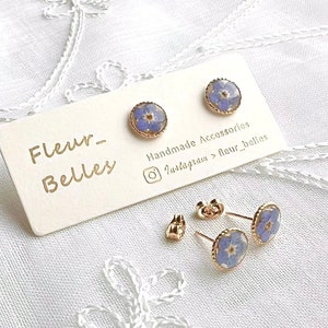 Forget Me Not Earring, Gold Plated Sterling Silver Stud Earrings, Flower Earring, Round, Circle, Real Pressed Flowers, Gifts for Her