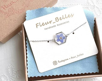 Real Forget Me Not Hexagon Bracelet Handmade Sterling Silver Blue Pressed Flower Beloved Gift Memory Memory Birthday Christmas Gift for Her