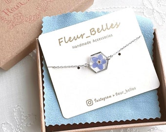 Forget Me Not Bracelet, Sterling Silver Bracelet, Pressed Flowers Handmade Tiny Small Hexagon Bracelet, Chain & Link Bracelet, Gift for her