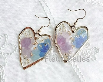 Real Hydrangea Heart Shaped Earrings Handmade Dangle Pressed Flowers Blue Purple Memory Beloved Gift Birthday Christmas Gift for Her