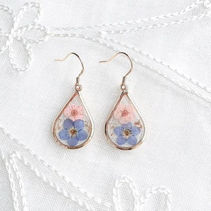 Real Forget Me Not Earrings Handmade Teardrop Gold Plated Pink Blue Pressed Flower Dangle Memory Birthday Christmas Love Gift for her