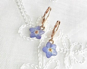 Forget Me Not Dangle Earrings, Handmade Tiny Real Pressed Flower Earrings, Sterling Silver, Gold Plated, Jewellery Lover, Gift for her.