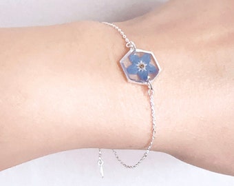 Forget Me Not Bracelet, Sterling Silver Bracelet, Pressed Flowers Handmade Tiny Small Hexagon Bracelet, Chain & Link Bracelet, Gift for her