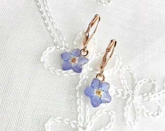 Forget Me Not Dangle Earrings, Handmade Tiny Real Pressed Flower Earrings, Sterling Silver, Gold Plated, Jewellery Lover, Gift for her.