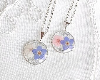 Real Forget Me Not Necklace Handmade Blue Pink Pressed Flower Sterling Silver Pendant Beloved Gift Special Memory Christmas Gift for Her