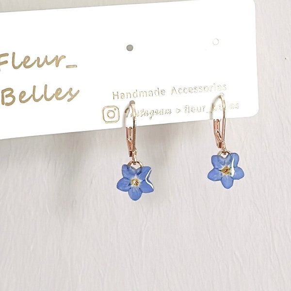 Real Forget Me Not Dangle Earrings, Handmade Tiny Real Pressed Flower Earrings, Sterling Silver, Gold Plated, Jewellery Lover, Gift for her