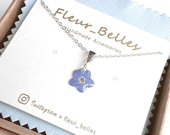 Vergissmeinnicht Halskette, echte gepresste Blume, kleiner Anhänger, handgemachte blaue gepresste Blumen Halskette, Sterling Silber, vergoldet, Geschenk für Sie