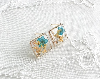 Real Blue, Yellow Flowers Square Stud Earrings, Pressed Flowers Stud Earssings , Diamond Shaped, Special Unique, Gifts for Her