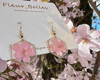 Kirschblüte Echte gepresste Blumen Sakura baumeln Ohrringe, rosa Frühlingsblume, handgemachte Ohrringe, Japan einzigartige spezielle Geschenke, Geschenk für sie