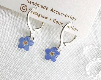 Forget Me Not Dangle Earrings, Handmade Tiny Real Pressed Flower Earrings, Sterling Silver, Gold Plated, Jewellery Lover, Gift for her.