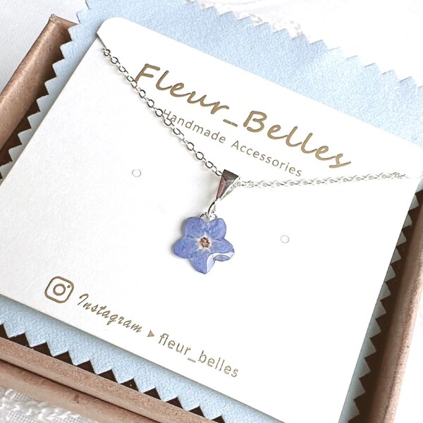 Vergissmeinnicht Halskette, echte gepresste Blume, kleiner Anhänger, handgemachte blaue gepresste Blumen Halskette, Sterling Silber, vergoldet, Geschenk für Sie