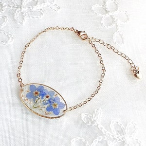Forget Me Not Pressed Flower Bracelet, Oval Shaped, Handmade Real Flower Gold Silver Plated, Chain & Link Bracelets, Christmas Gift for her