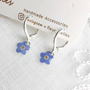 Real Forget Me Not Dangle Earrings, Handmade Tiny Real Pressed Flower Earrings, Sterling Silver, Gold Plated, Jewellery Lover, Gift for her Sterling Silver