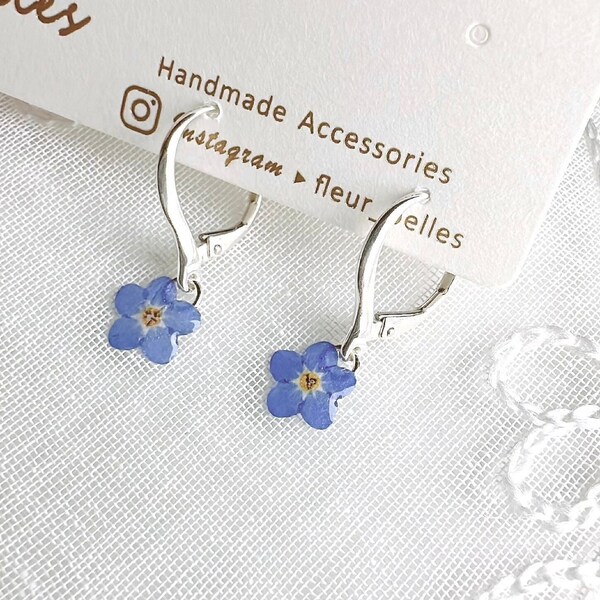 Forget Me Not Dangle Earrings, Handmade Tiny Real Pressed Flower Earrings, Sterling Silver, Gold Plated, Jewellery Lover, Gift for her.