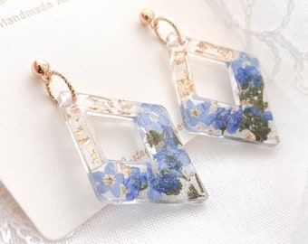 Forget Me Not Diamond Shaped Dangle Earrings with blue real pressed flowers, Handmade Special, Unique, Gifts for Her