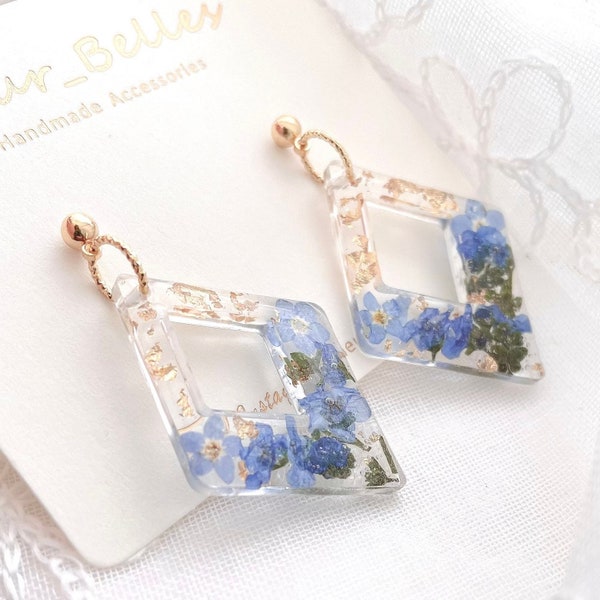 Forget Me Not Diamond Shaped Dangle Earrings with blue real pressed flowers, Handmade Special, Unique, Gifts for Her