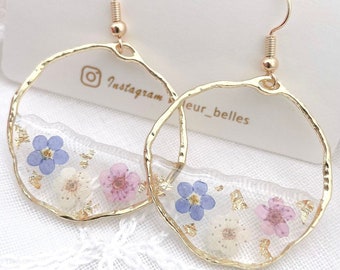 Forget Me Not Circle Hoop Pressed Flowers Dangle Earrings, Handmade Gold Plated Real Dry Flowers, Blue Forget Me Not, Gifts for Her