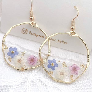 Forget Me Not Circle Hoop Pressed Flowers Dangle Earrings, Handmade Gold Plated Real Dry Flowers, Blue Forget Me Not, Gifts for Her