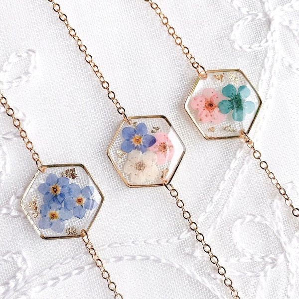 Forget Me Not Bracelet, Real Pressed flower Bracelet, Handmade 18K Gold Plated Hexagon Bracelet, Blue, Pink, White, Real Dry Flower Bracelet