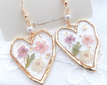 Pressed Flower Heart Dangle Earrings Handmade Pastel Pink Purple Beloved Gift Valentines Love Christmas Gift for Her