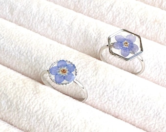Anel de Não-Me-Esqueças Autêntico Feito à Mão com Flor Azul Prensada, Pequeno e Redondo, em Prata, Presente Especial para Casamento, Lembrança de Dia dos Namorados, Presente de Amor para Ela