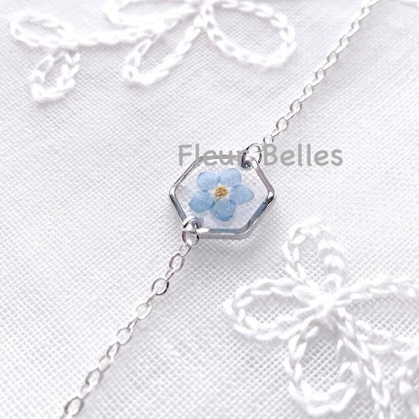 Real Pressed Flower, Forget Me Not Bracelet, Tiny Hexagon Sliver Bracelet, dry flowers Chain & Link Bracelet, Memory love, Gift for her