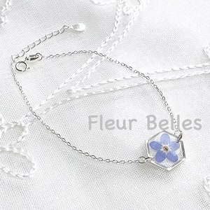 Forget Me Not Bracelet, Sterling Silver Bracelet, Pressed Flowers Handmade Tiny Small Hexagon Bracelet, Chain & Link Bracelet, Gift for her image 3