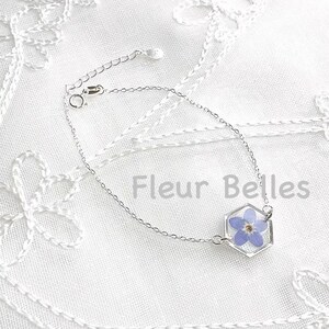 Forget Me Not Bracelet, Sterling Silver Bracelet, Pressed Flowers Handmade Tiny Small Hexagon Bracelet, Chain & Link Bracelet, Gift for her image 2