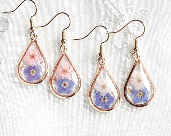 Real Forget Me Not Earrings Handmade Teardrop Gold Plated Pink Blue Pressed Flower Dangle Beloved Memory Birthday Christmas Gift for Her