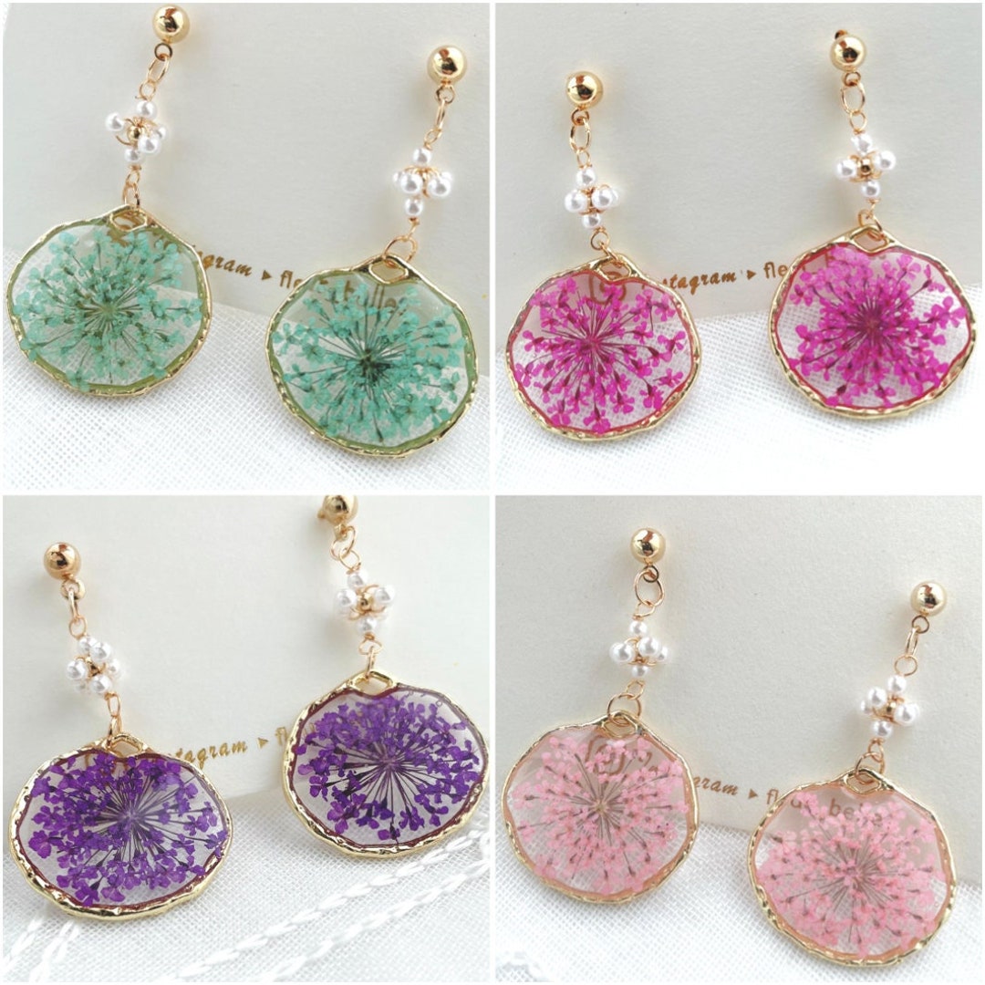 Handmade Pressed Flowers Dangle Pearls Earrings With Real Etsy