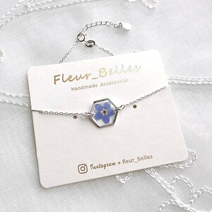 Forget Me Not Bracelet, Sterling Silver Bracelet, Pressed Flowers Handmade Tiny Small Hexagon Bracelet, Chain & Link Bracelet, Gift for her image 5