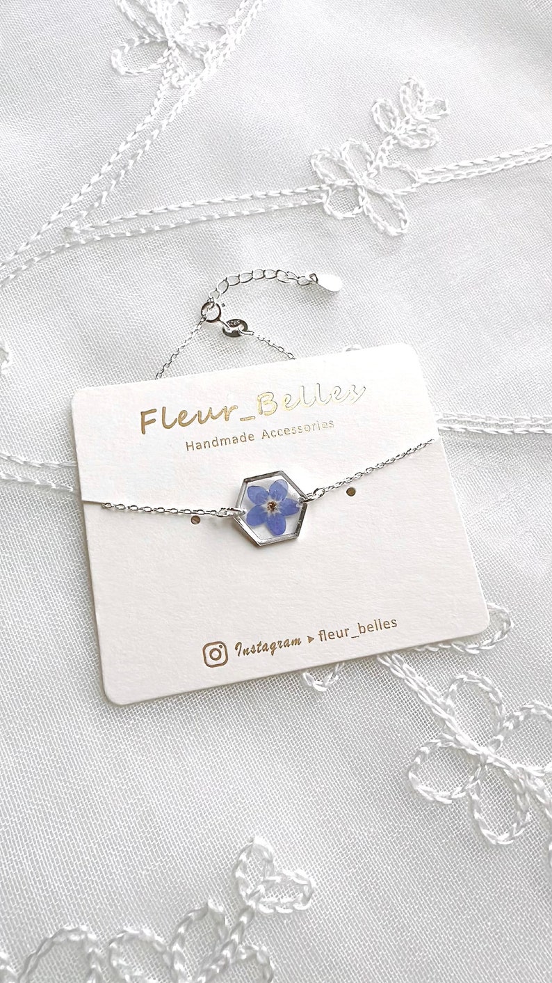 Forget Me Not Bracelet, Sterling Silver Bracelet, Pressed Flowers Handmade Tiny Small Hexagon Bracelet, Chain & Link Bracelet, Gift for her image 5