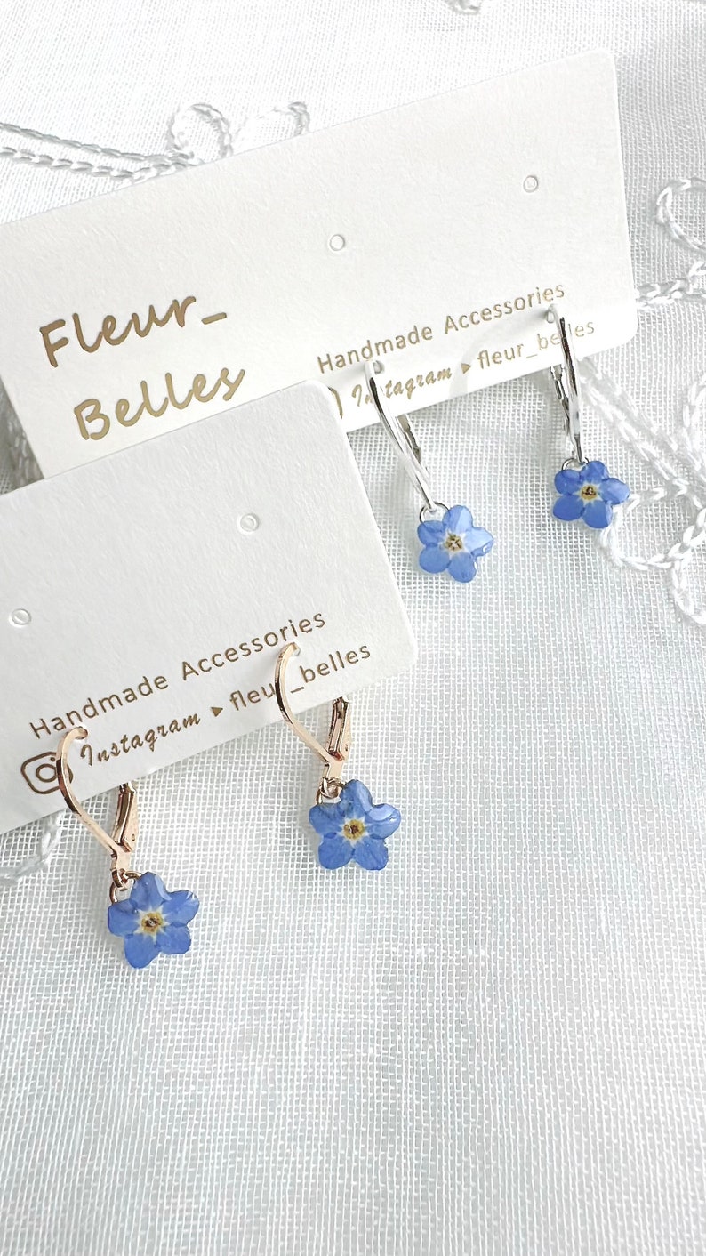 Real Forget Me Not Dangle Earrings, Handmade Tiny Real Pressed Flower Earrings, Sterling Silver, Gold Plated, Jewellery Lover, Gift for her image 8