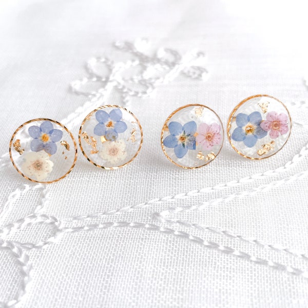 Forget Me Not Pressed Flowers Round Stud Earrings, Handmade Floral Earrings, Blue, Pink, White, Circle Stud Earrings, Gift for her