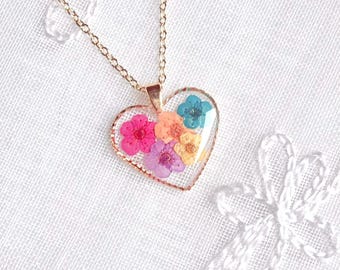 Colourful Pressed Flower Necklace Handmade Heart Shaped Floral Pendant Pride Accessory Memory Birthday Valentines Christmas Gift for Her