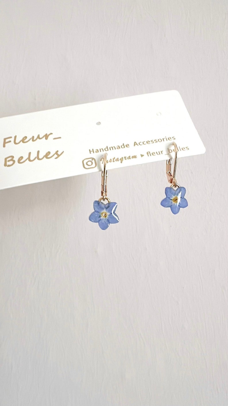 Real Forget Me Not Dangle Earrings, Handmade Tiny Real Pressed Flower Earrings, Sterling Silver, Gold Plated, Jewellery Lover, Gift for her image 2